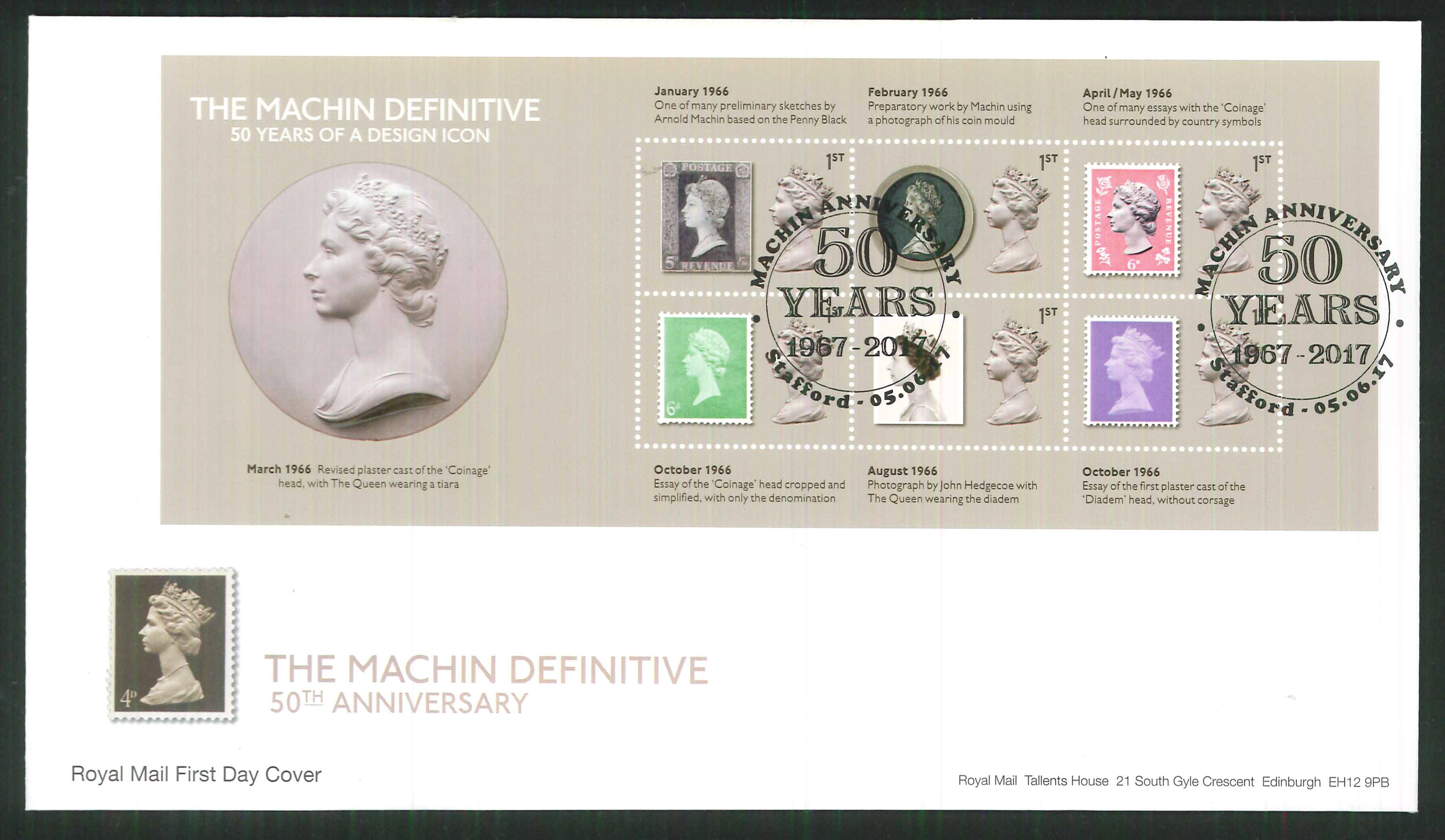 2017 - First Day Cover Machin Mini Sheet 6 1st. 50 Years Stafford Postmark